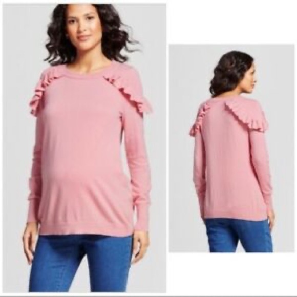 Isabel Maternity Long Sleeve Pink Ruffle Shoulder Sweater - Picture 1 of 5